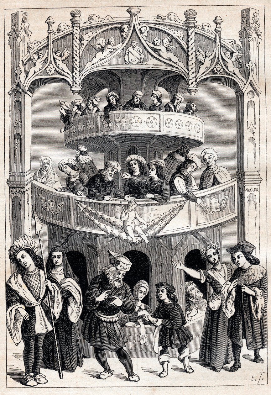 Frontispício de "Le Grant Therence en François" de Antoine Verard (activo 1485-1512) - representação teatral no século XVI de Antoine Verard