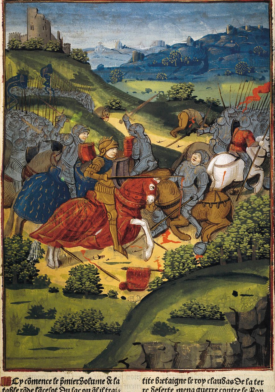 Lancelot numa batalha - VERARD, Antoine (século XV). Editora e livreira inglesa; LANCELOT (6º c.). Cavaleiro da corte do Rei Artur. Lancelot numa batalha. Ilustração de "Lancelot du Lac" de Antoine Verard (1494). Arte gótica. Pintura em miniatura. FR de Antoine Verard