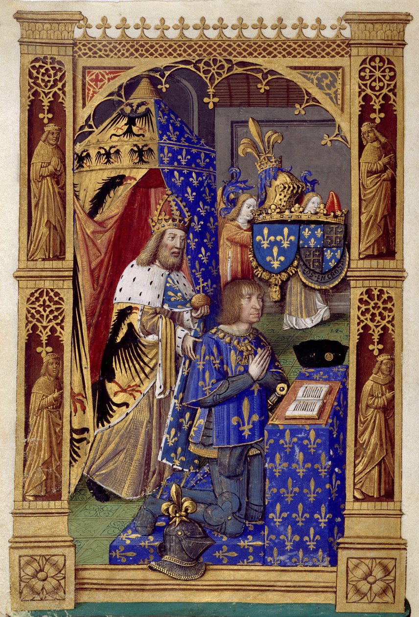 Rei Luís XII (1462-1515) de França a rezar com Carlos Magno atrás de si - Miniatura de Antoine Verard (1485-1512) em "O Livro de Horas de Carlos VIII". de Antoine Verard
