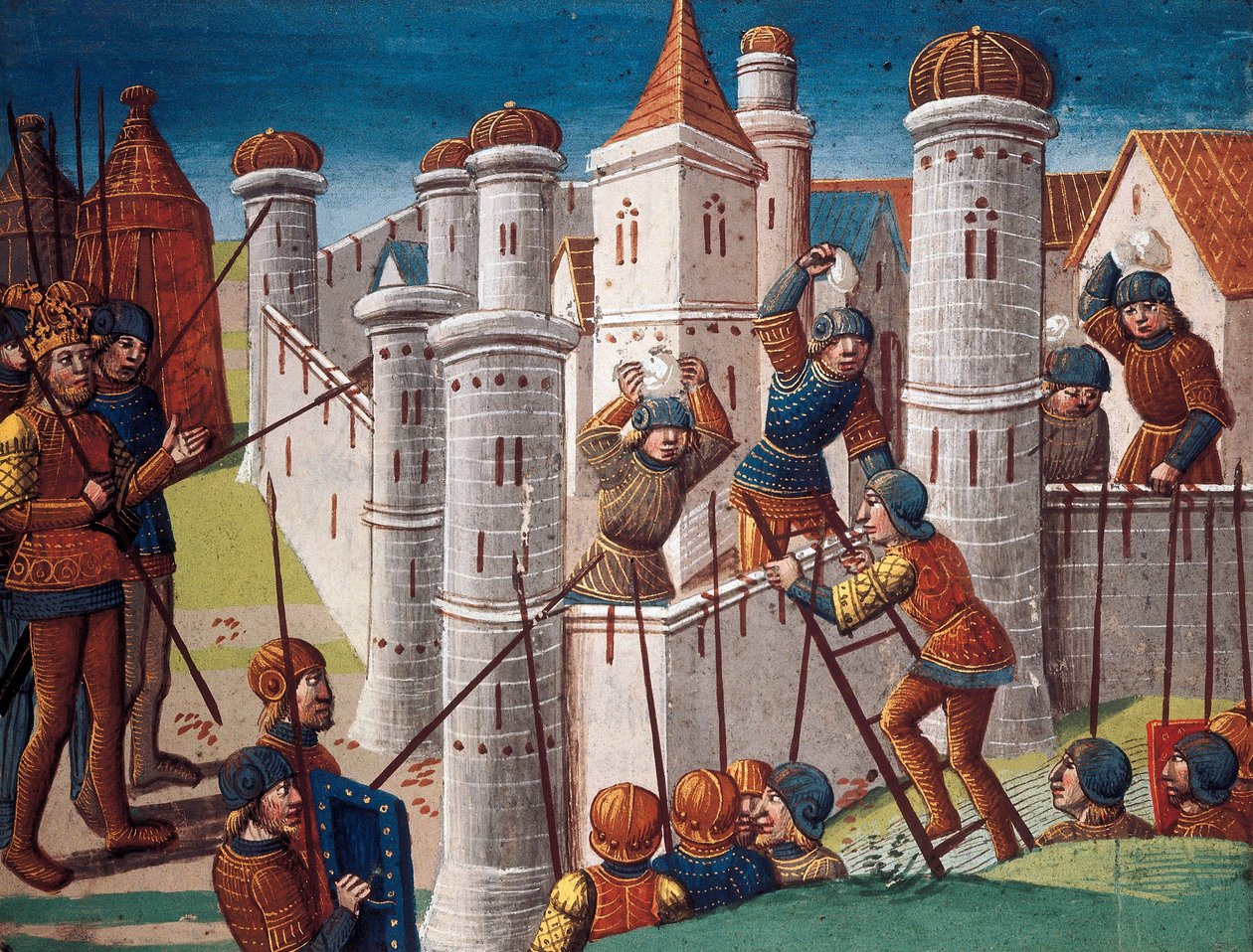 Sítio de uma cidade, miniatura do manuscrito "O romance de Ogier, o dinamarquês". de Antoine Verard