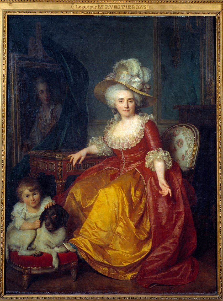 Retrato no pé de Madame Vestier (1740-1831) tendo uma criança a seus pés beliscando a orelha de um cão Pintura de Antoine Vestier (1740-1824) 1787 Sol. 1,76x1,34 m de Antoine Vestier