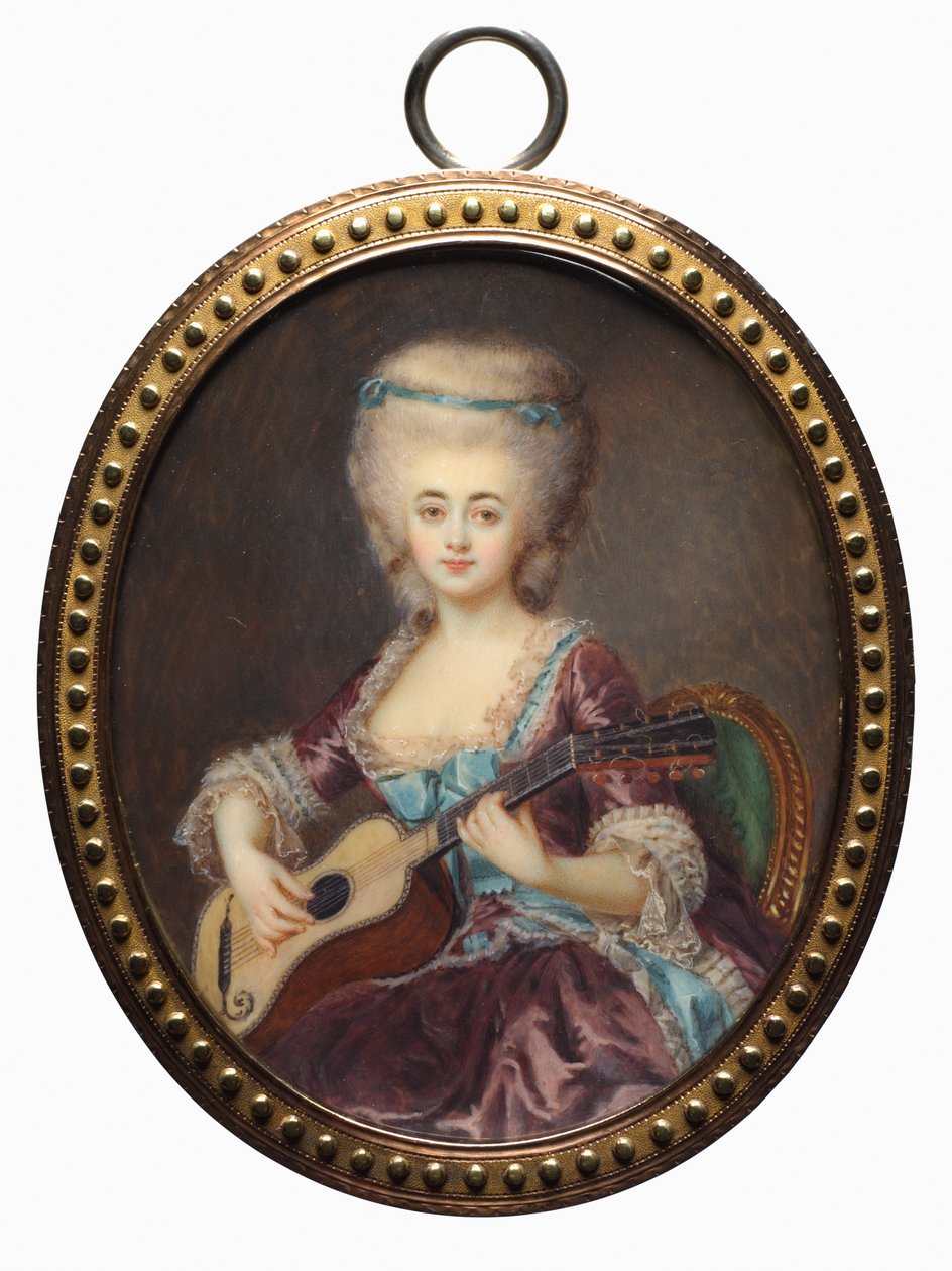 Retrato de uma mulher com uma guitarra, chamada Louise DAumont, Mazarin ..., final do século XVIII. de Antoine Vestier