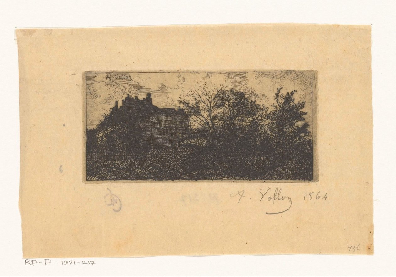 Paisagem com casas atrás de uma vedação e árvores em primeiro plano de Antoine Vollon (signed by artist)