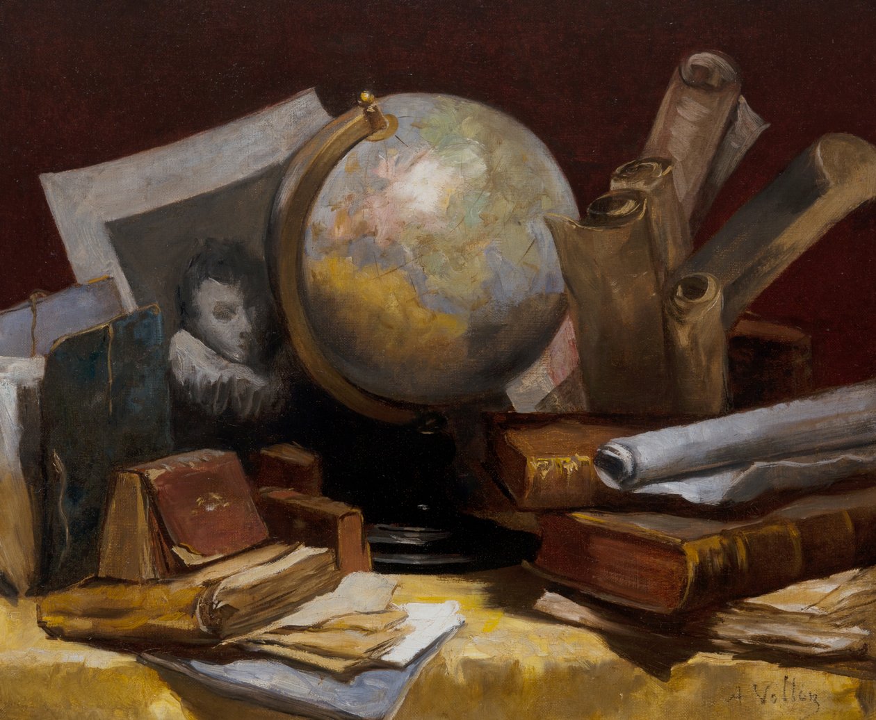 Natureza morta com um mapa do mundo, livros e pergaminhos de Antoine Vollon
