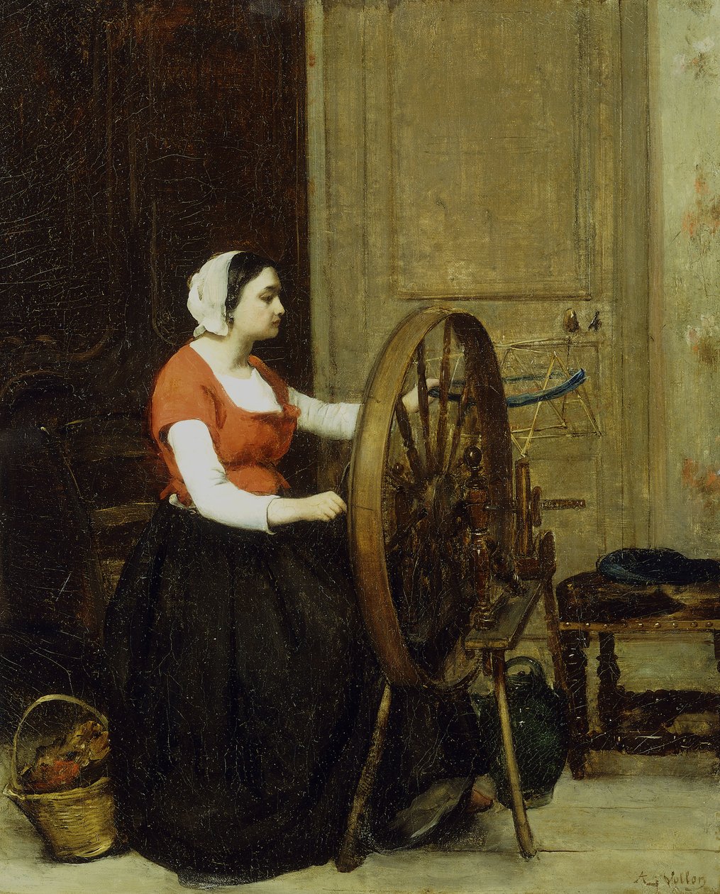 Mulher e roda de giro, c.1860 de Antoine Vollon