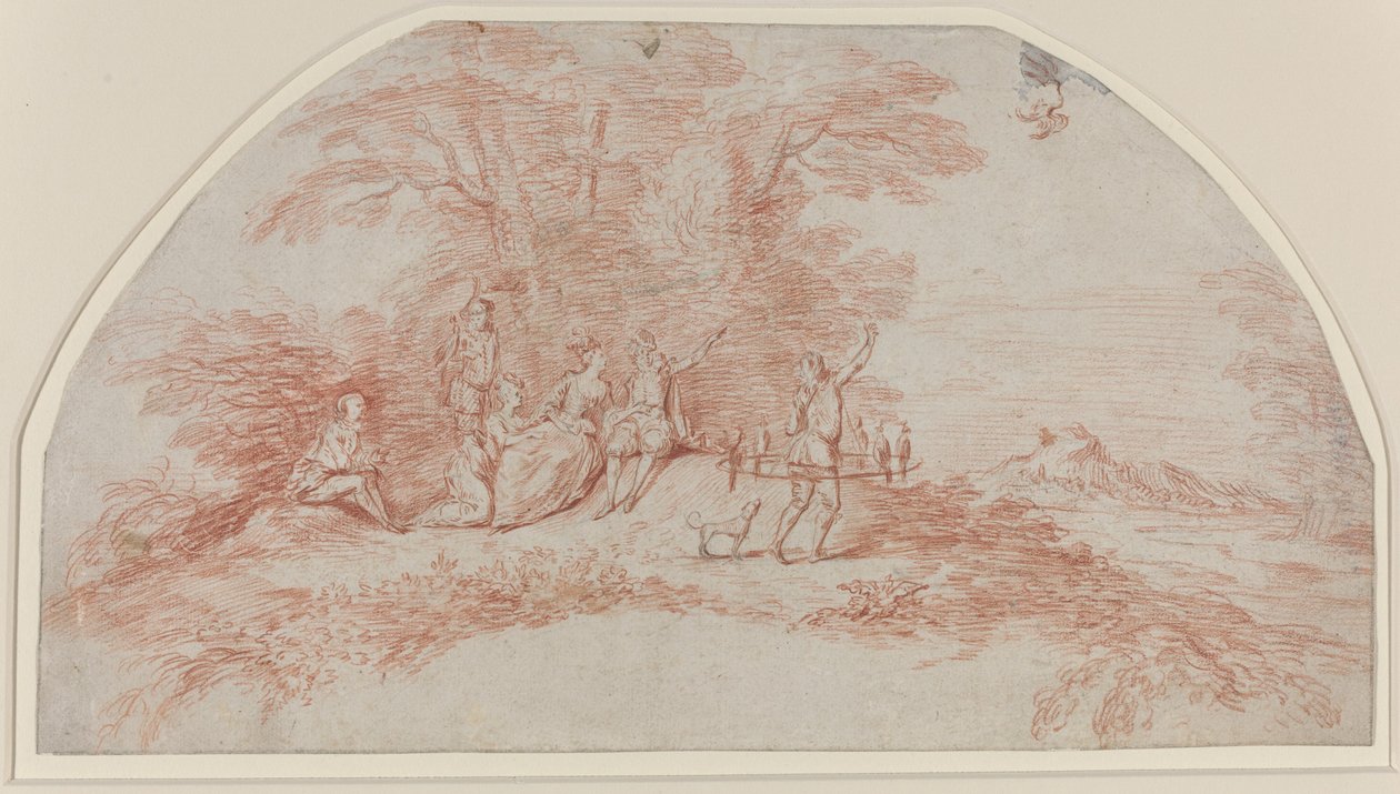A Fête Galante com Falcoeiros de Antoine Watteau