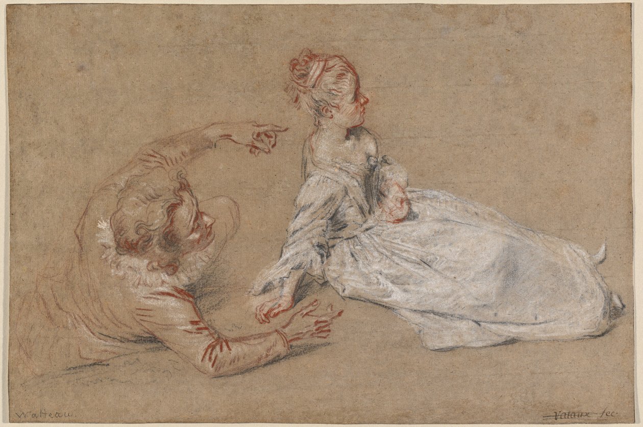 Um homem reclinado e uma mulher sentada no chão de Antoine Watteau