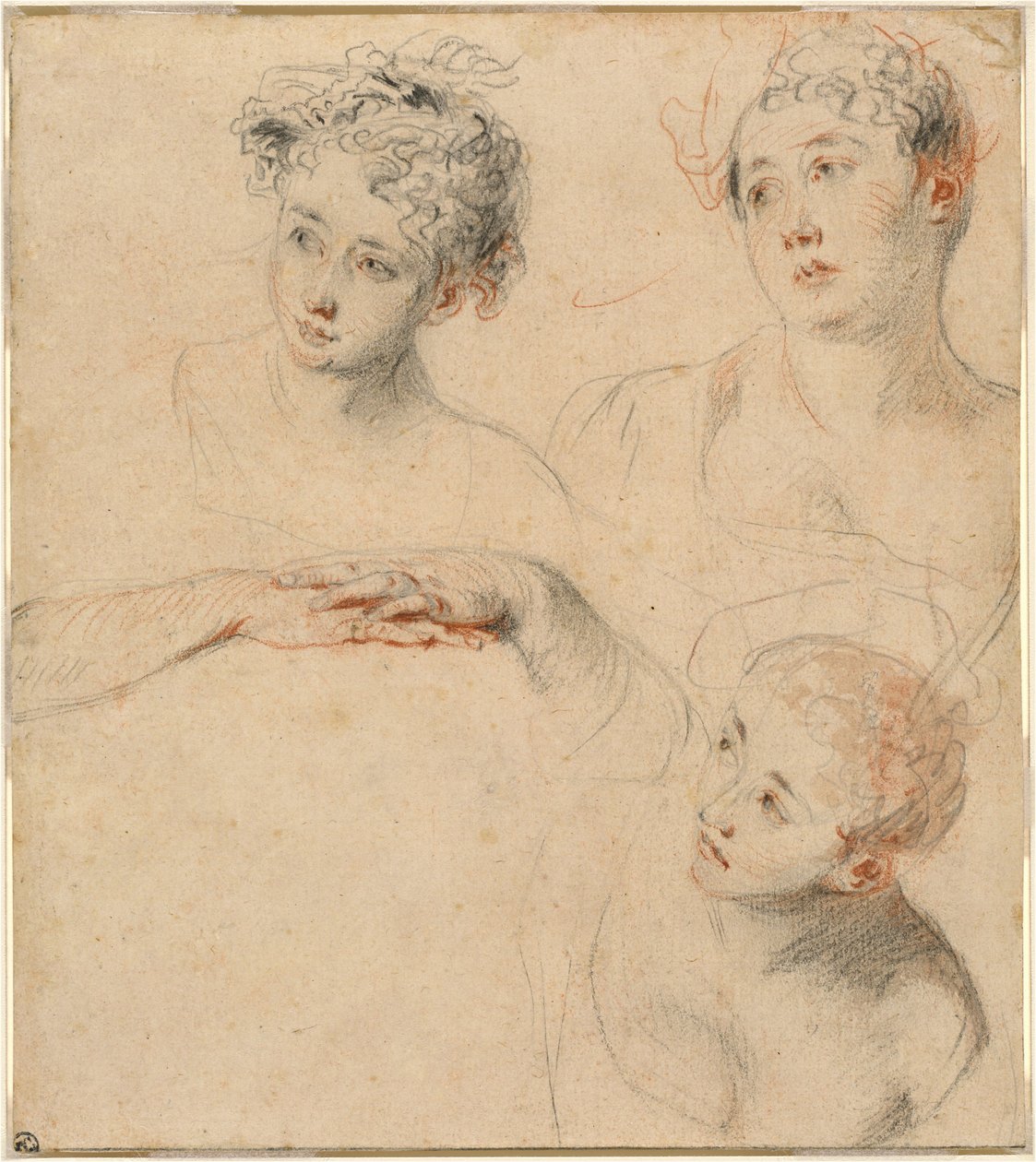 Três estudos da cabeça de uma mulher e um estudo das mãos [reto] de Antoine Watteau