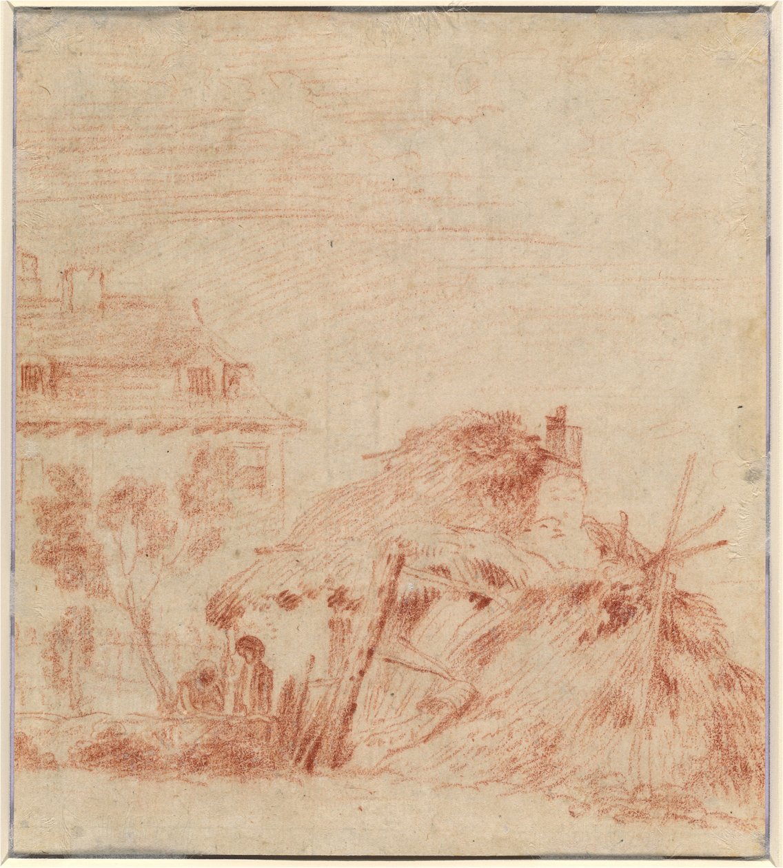 Vista de uma casa, um chalé e duas figuras [verso] de Antoine Watteau