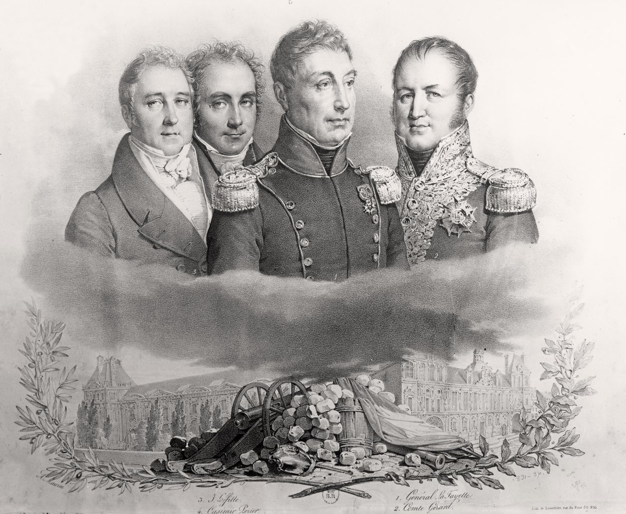 O Governo Provisório de 29 de julho de 1830. Da esquerda para a direita: Jacques Lafitte (1767-1844), Casimir Perier (1777-1832), General Lafayette (1757-1834) e Comte Etienne Maurice Gerard (1773-1852) 1831 ( de Antoine Maurin