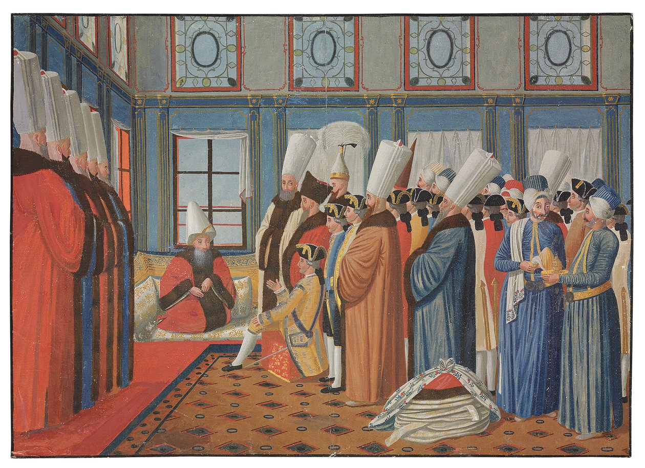 A apresentação do Conde de Vergennes, embaixador de Luís XV, a Reis Effendi, grão-vizir do sultão otomano "Uthman III, em 31 de maio de 1755 de Antoine de Favray