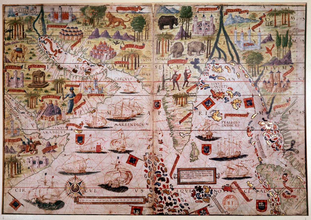 O atlas náutico português Indes. Página do manuscrito do Atlas Miller feito em 1519 por Pierre e Georges Reinel, Lopo Homem (cartógrafos) e Antoine de Hollande (miniaturista). Século XVI. Paris, B N. de Antoine de Hollande
