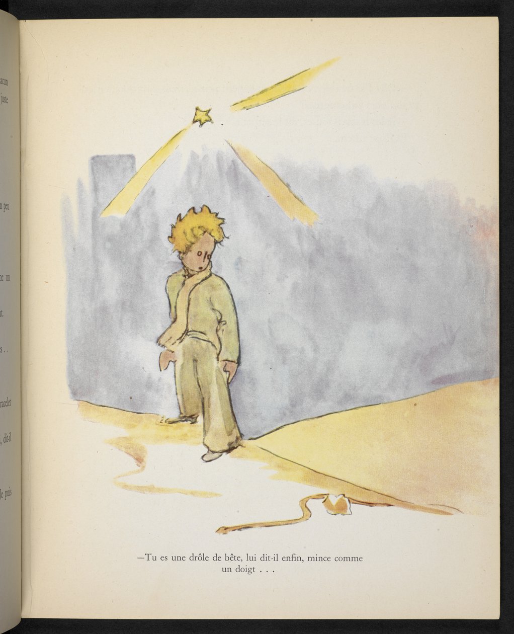 És um animal engraçado, disse-lhe ele finalmente, magro como um dedo", ilustração de "O Pequeno Príncipe", de Antoine de Saint-Exupéry de Antoine de Saint Exupery