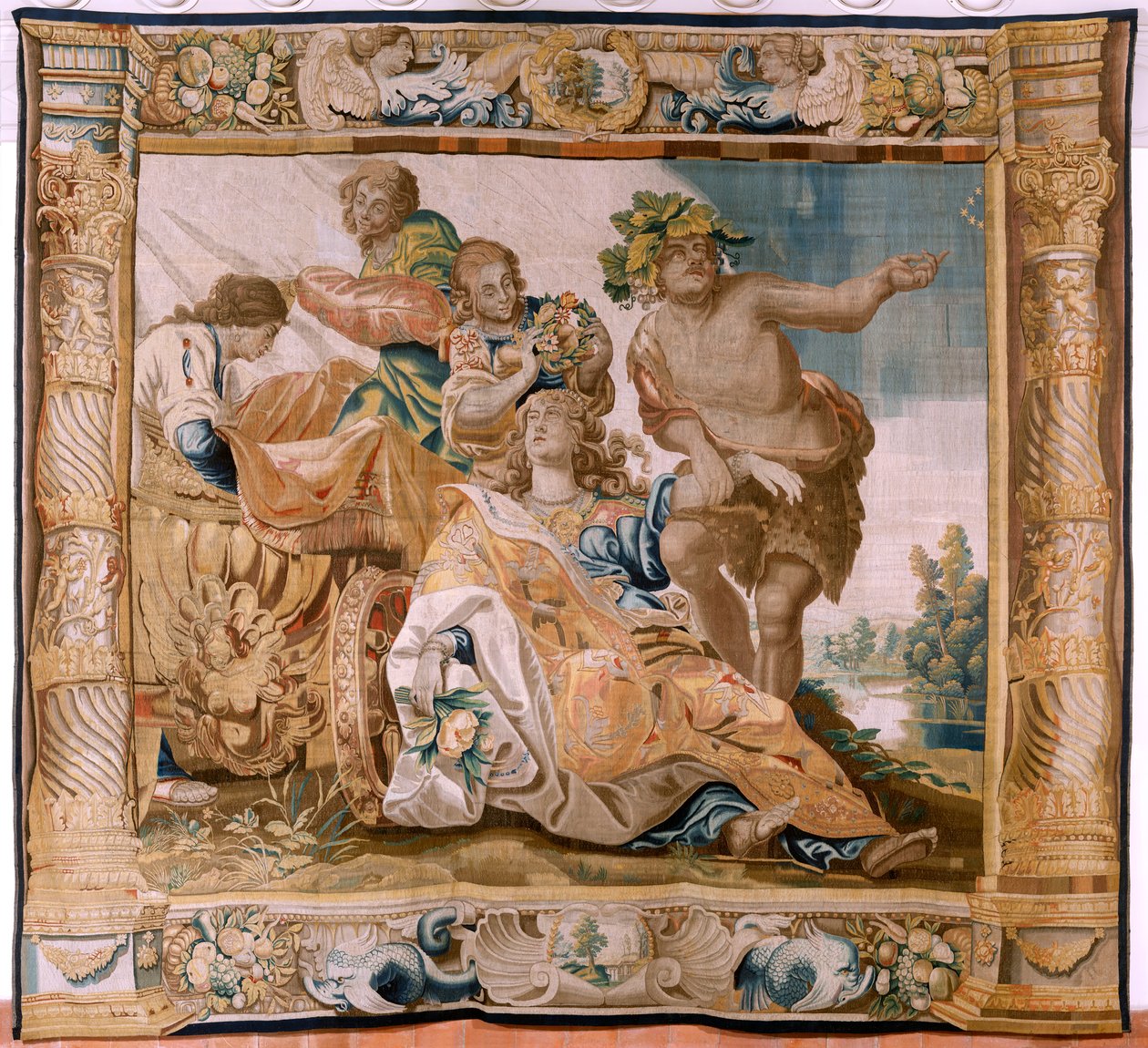 Tapeçaria flamenga. História da série Theseus. Bacchus toma Ariadne como sua esposa (Baco toma a Ariadna por esposa). A nona tapeçaria da série. Modelo Anthonis Sallaert. Fabrica Jan Raes o Jovem, Bruxelas. Ca 1630. ; Tecido de seda e lã. Tamanho 392 x 45 de Antoine or Anthonis Sallaert