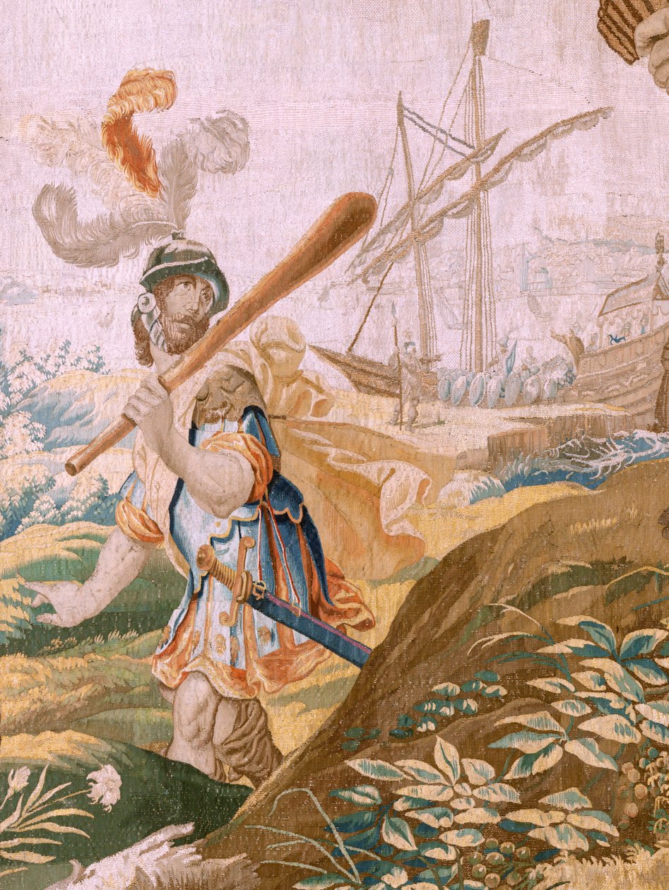 Tapeçaria flamenga. História da série Theseus. Theseus abandona Ariadne na ilha de Naxos (Teseo abandona a Ariadna en la Isla de Naxos). Oitava tapeçaria da série. Modelo Anthonis Sallaert. Fabrico Jan Raes the Younger, Bruxelas. Ca 1630. Tecido S de Antoine or Anthonis Sallaert