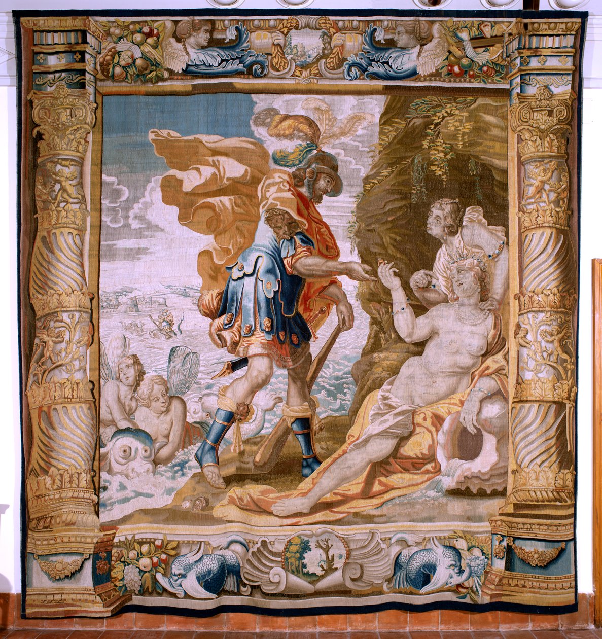 Tapeçaria flamenga. História da série Theseus. Theseus recebe o anel de Amphitrite (Teseo recibe de Anfítrite la sortija de Minos). Quinta tapeçaria da série. Modelo Anthonis Sallaert. Manufactura Jan Raes the Younger, Bruxelas. Ca 1630. Seda de tecido de Antoine or Anthonis Sallaert
