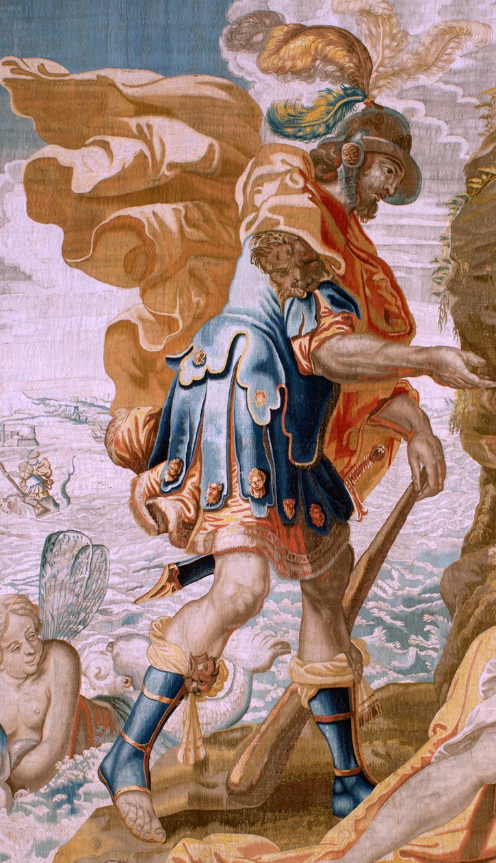 Tapeçaria flamenga. História da série Theseus. Theseus recebe o anel de Amphitrite (Teseo recibe de Anfítrite la sortija de Minos). Quinta tapeçaria da série. Modelo Anthonis Sallaert. Manufactura Jan Raes the Younger, Bruxelas. Ca 1630. Seda de tecido de Antoine or Anthonis Sallaert