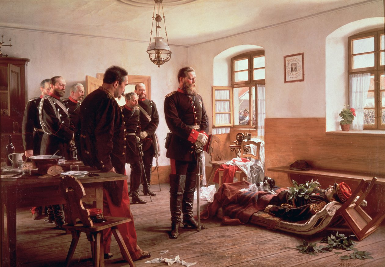 O príncipe herdeiro Frederick pelo cadáver do general Douay na batalha de Wissembourg, 1870 de Anton Alexander von Werner