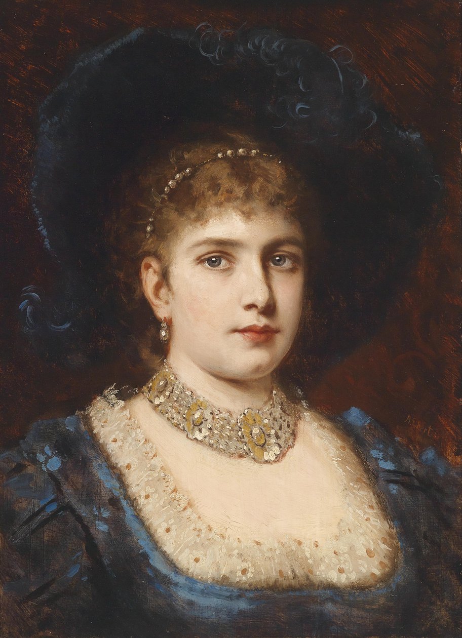 Retrato, de, um, senhora, em, vestido azul, com, chapéu de Anton Ebert