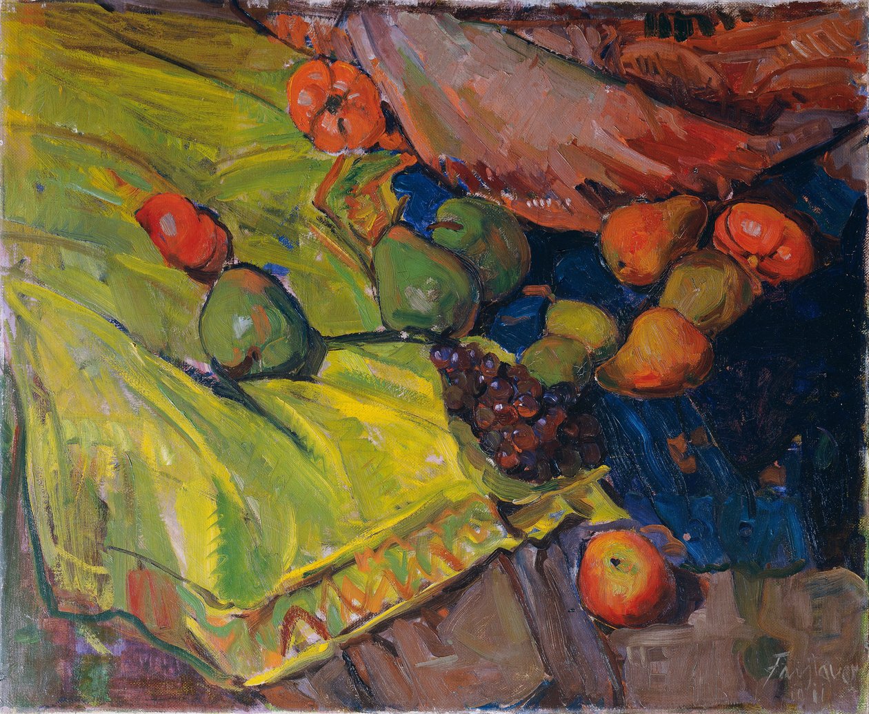 Ainda vida com frutas no pano verde de Anton Faistauer