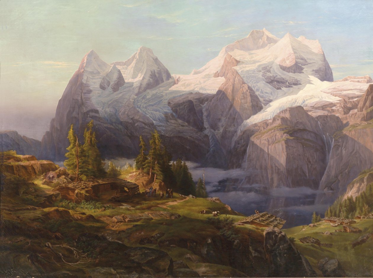 Vista, bernese, oberland, monge, eiger, jungfrau, primeiro plano, figurativo, staffage de Anton Hansch