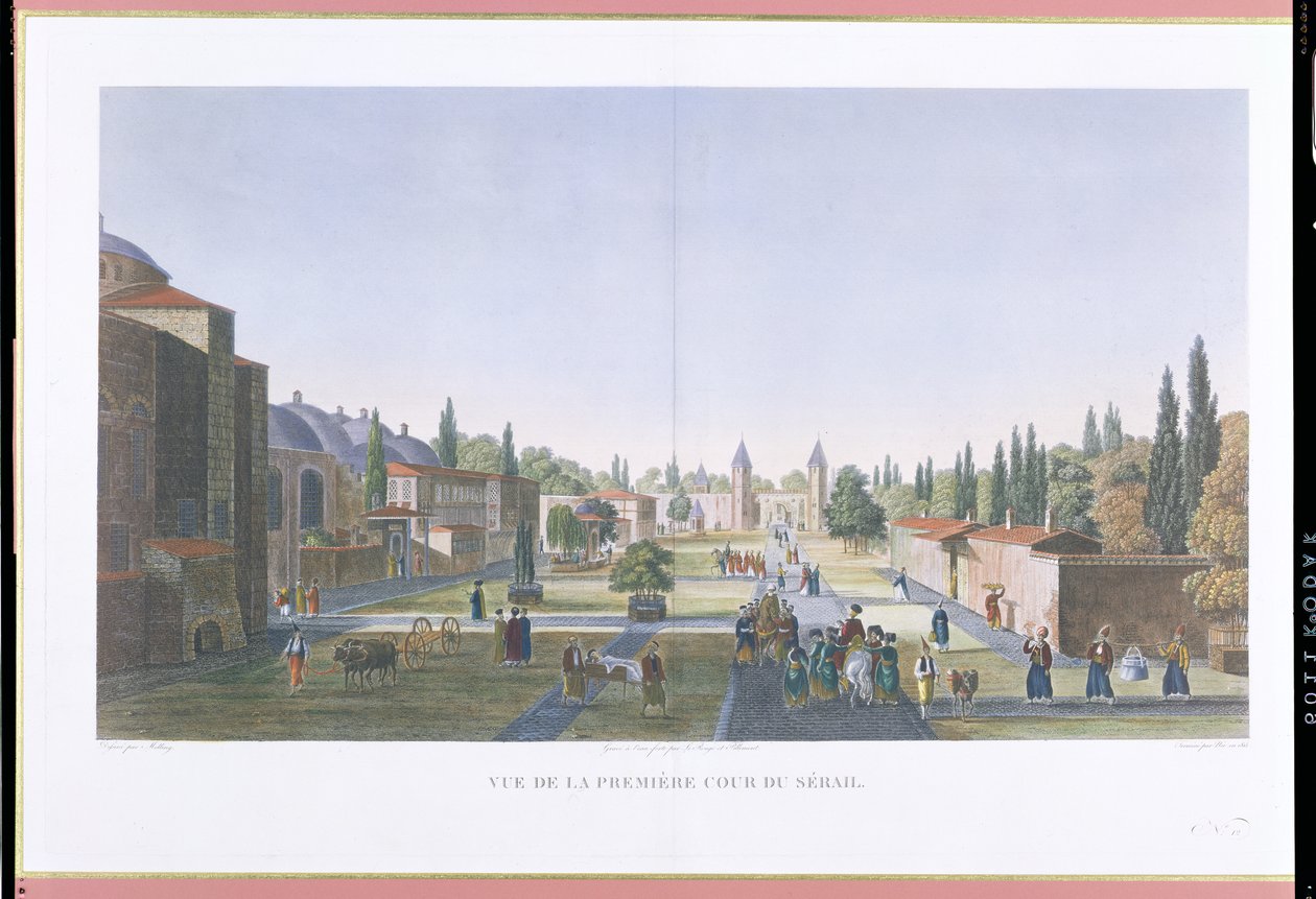 Vista do Pátio Exterior do Serralho, Palácio de Topkapi, Constantinopla, gravado por Jean Nicolas Le Rouge e Jean Baptiste Pillement, 1815 (aquatint) de Anton Ignaz Melling