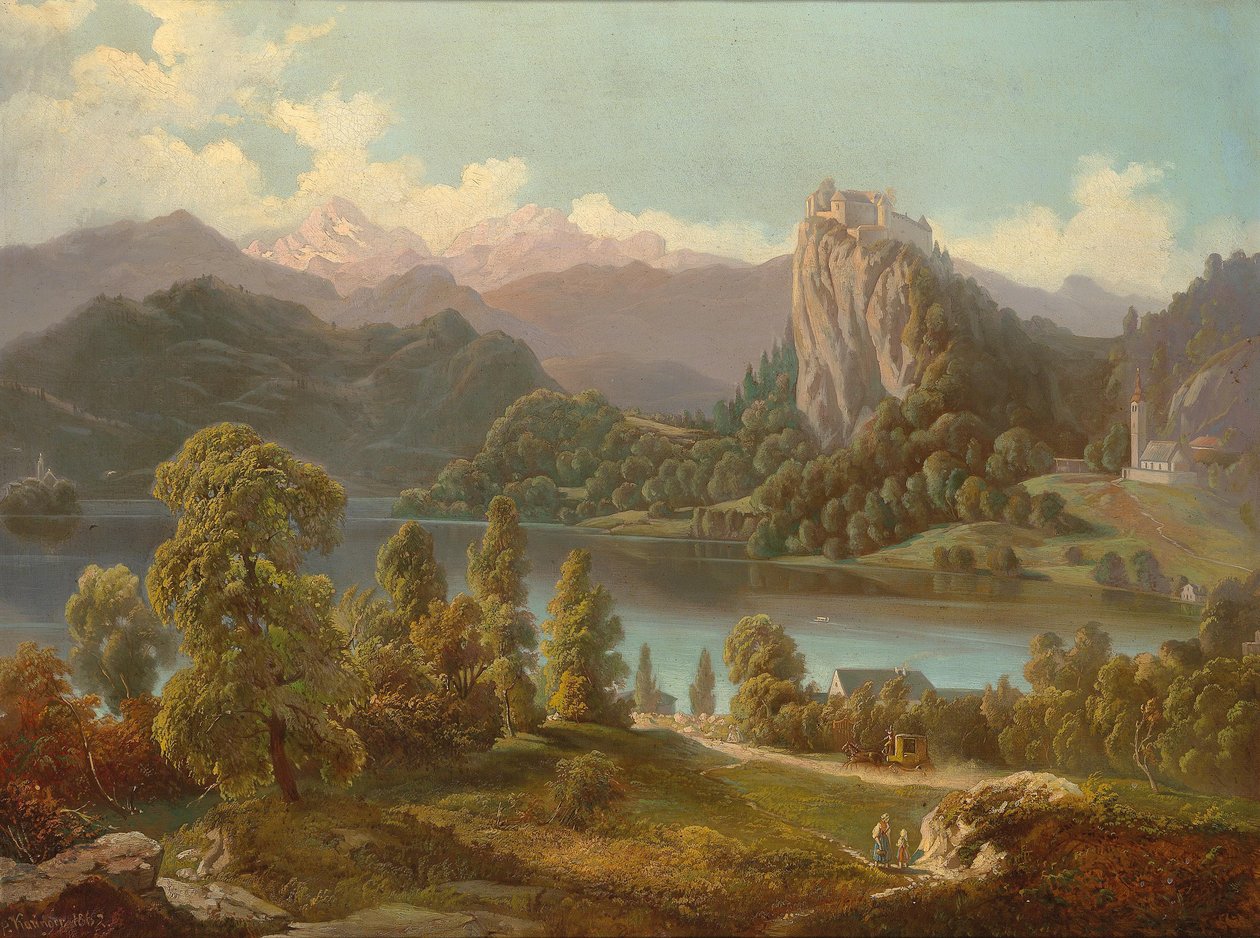 Vista do castelo e da ilha com a Igreja de Santa Maria no Lago Bled de Anton Karinger