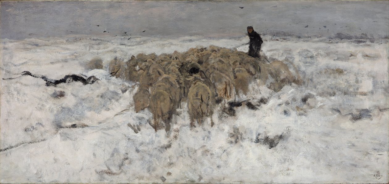 Rebanho de ovelhas com pastor na neve de Anton Mauve