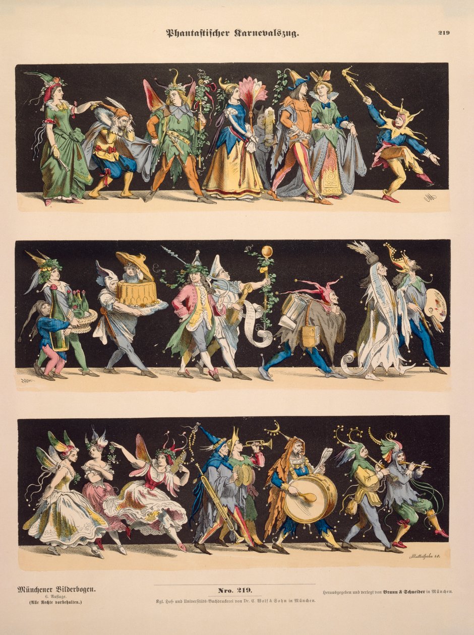 Uma procissão de carnaval fantasiosa, de Muenchener Bilderbogen, publicada por Braun & Schneider, Munique, 1868 de Anton Muttenthaler
