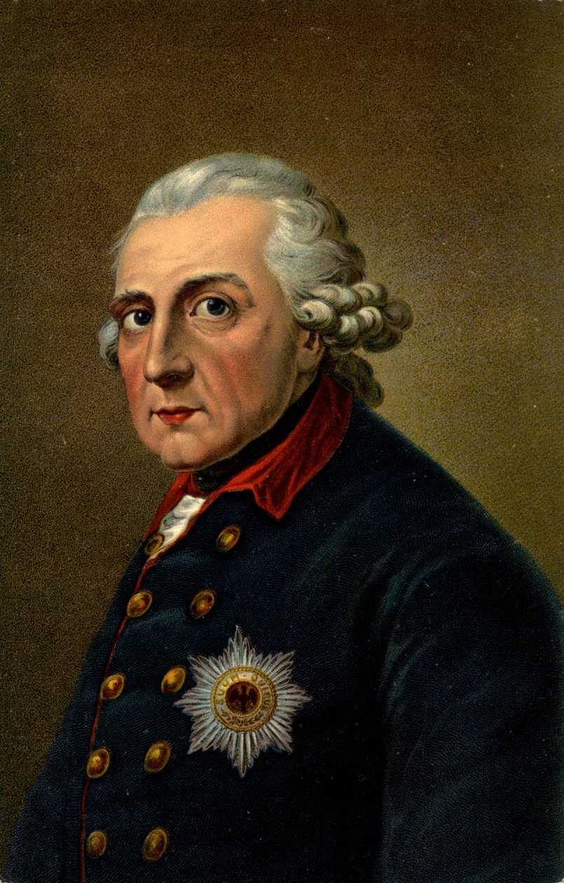 História. Alemanha. Frederico II, o Grande. Ilustração inspirada a partir de um retrato de Anton Graff (1780), Alemanha, c.1900 (cartão postal) de Anton (after) Graff