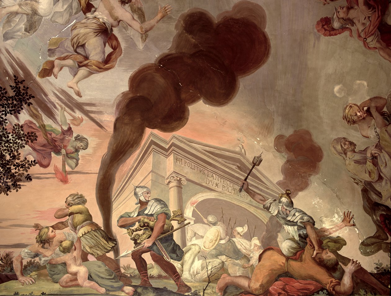 O triunfo da paz sobre a guerra, detalhe de soldados saqueando um templo, do teto do salão principal de Anton Agelo Bonifazi
