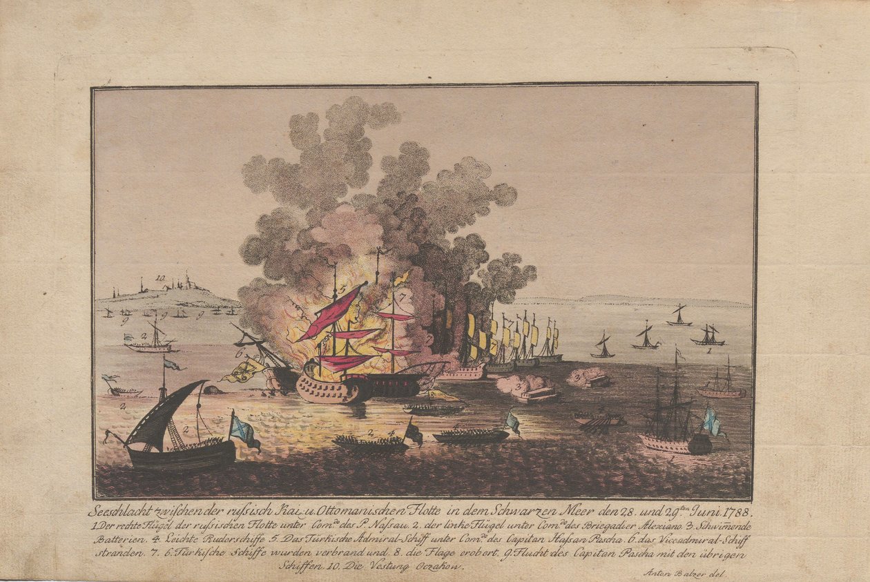 Batalha naval entre a frota russa e otomana no Mar Negro nos dias 28 e 29 de junho de 1788, 1788. de Anton Balzer