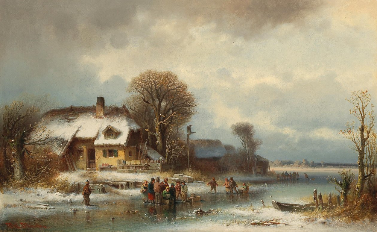 Paisagem de inverno com patinadores no gelo de Anton Doll