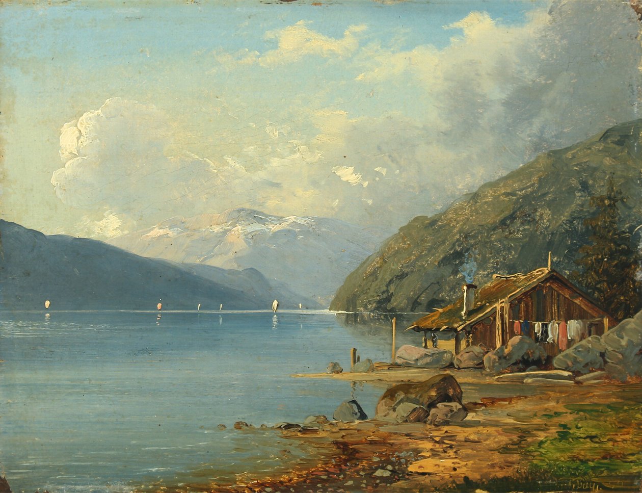 Dinamarquês:  Lille hytte ved en søbred i Tyskland Uma pequena cabana num lago na Alemanha de Anton Eduard Kieldrup