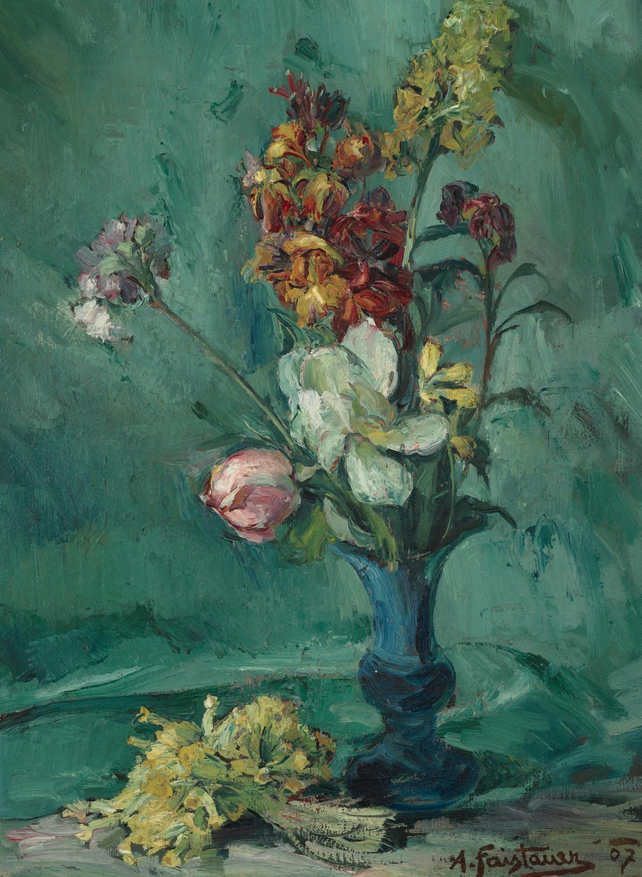 Flores em vaso azul e ramo de prímulas de Anton Faistauer