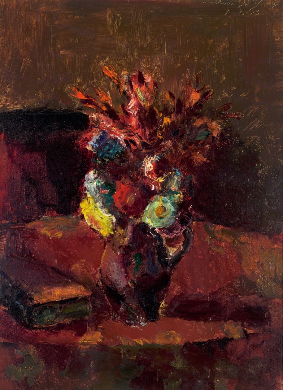 Bouquet de flores com toalha de mesa vermelha de Anton Faistauer