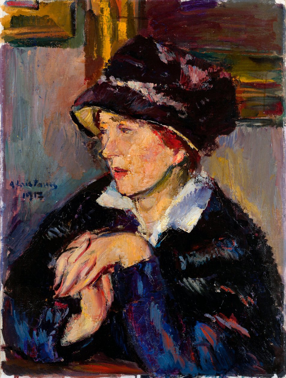 Mulher com chapéu escuro - Pintura por Anton Faistauer (1887-1930) óleo sobre tela de Anton Faistauer
