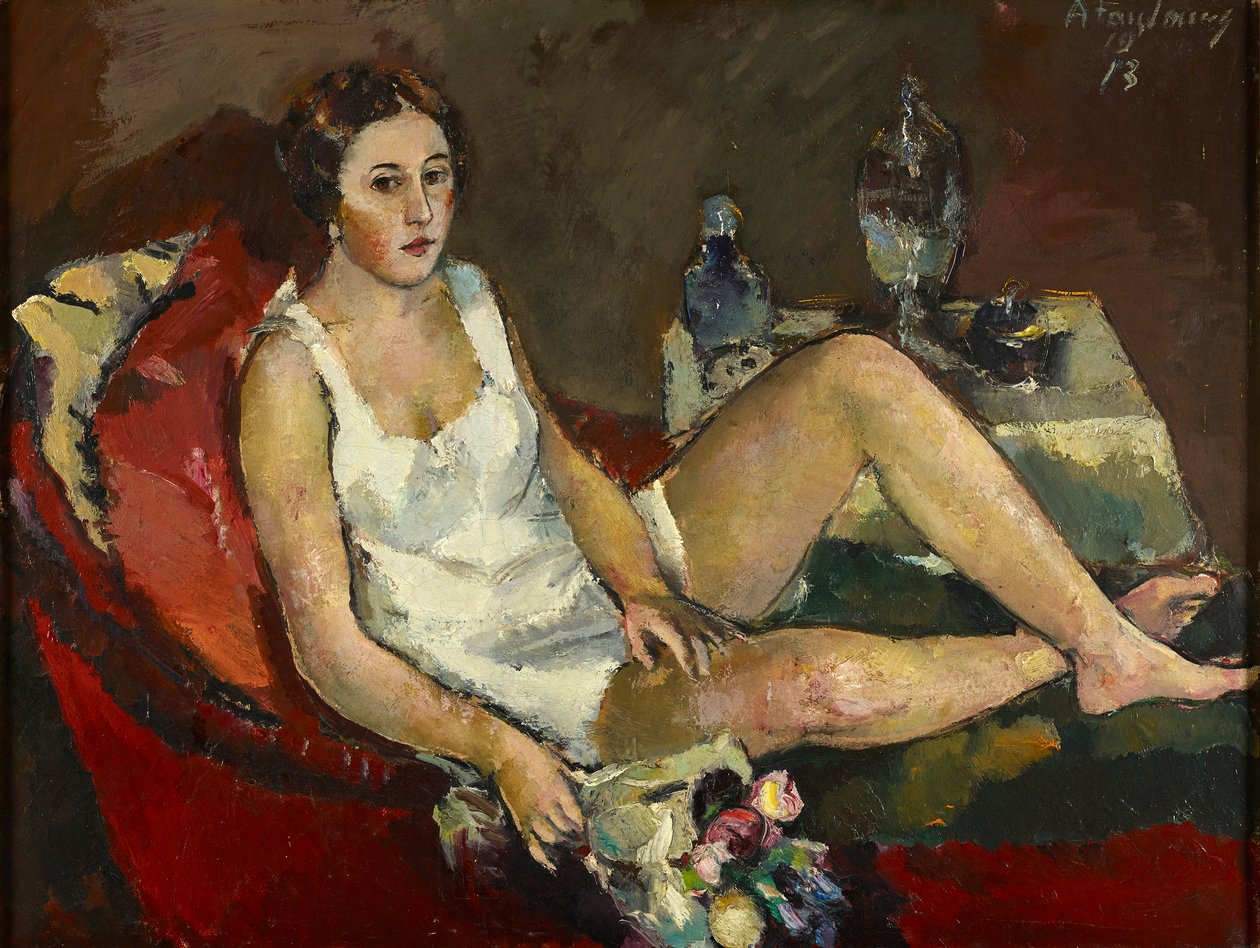 Mulher jovem no sofá vermelho de Anton Faistauer