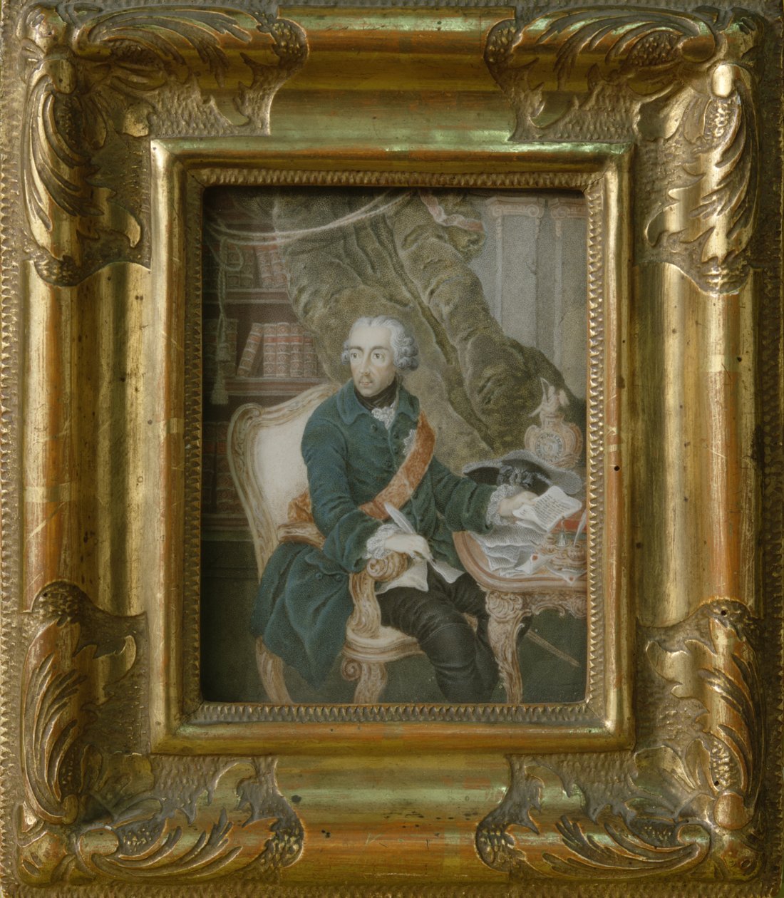 Rei Frederico II da Prússia em seu casaco Hohenzollern, 1769 (aquarela em marfim) de Anton Friedrich Konig