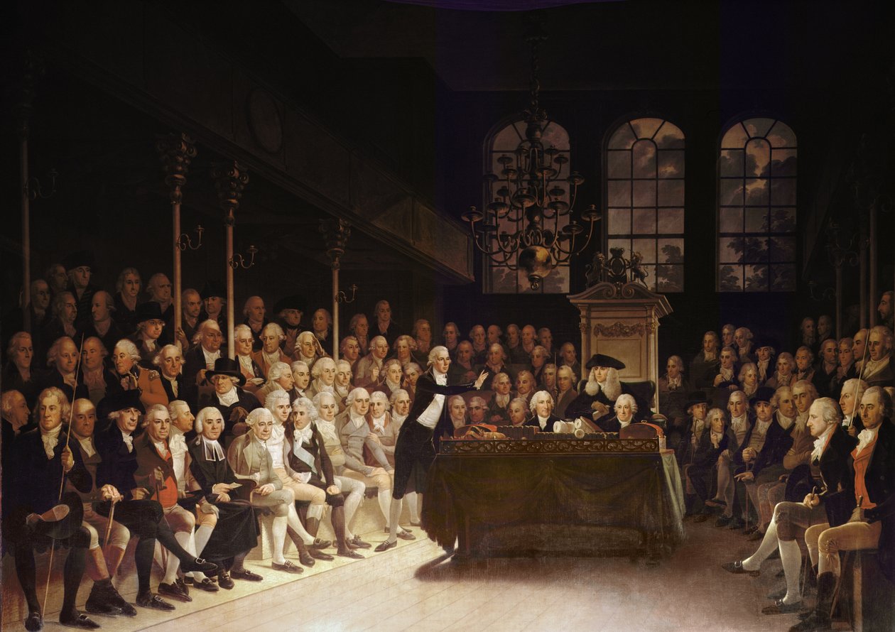 William Pitt dirigindo-se à Câmara dos Comuns sobre a Declaração de Guerras Francesa de 1793 de Anton Hickel