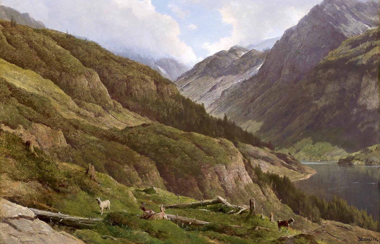 Alemão: Paisagem de montanha com cabras a pastar de Anton Hlavacek