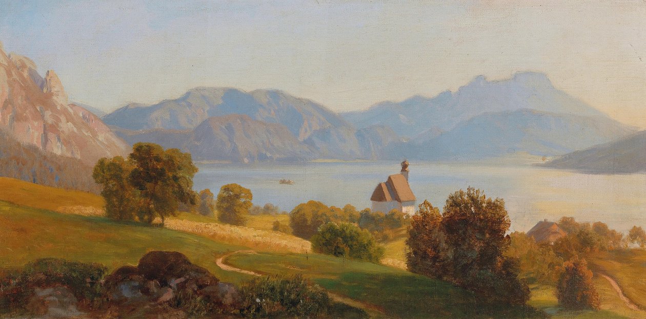 Steinbach no Attersee com o Schafberg de Anton Hlavacek