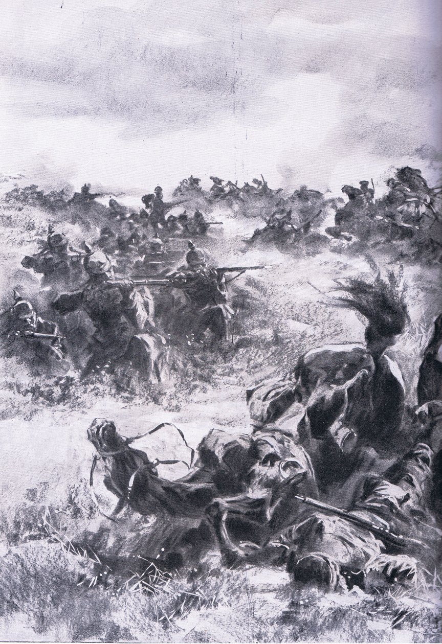Derrota da 14ª Brigada de Cavalaria Russa em Praszysz, de The Illustrated History of the World War 1914-1915 pub. por Union Berlagsefellfchaft de Anton Hoffman