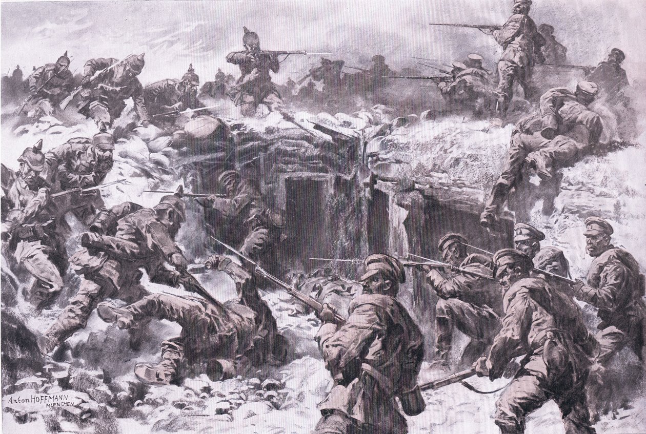 A derrota do Corpo de Granadeiros de Moscovo pelas tropas Silesianas, Prussianas e Imperiais Alemãs , de The Illustrated History of the World War 1914-1915 pub. pela Union Berlagsefellfchaft de Anton Hoffman