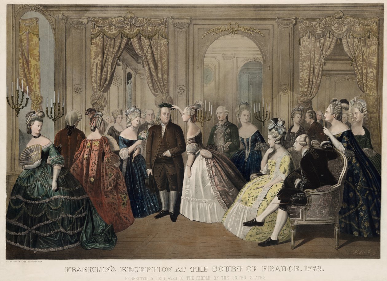 Franklins recepção no Tribunal da França, 1778, respeitosamente dedicada ao povo dos Estados Unidos, pub. 1865 de Anton Hohenstein