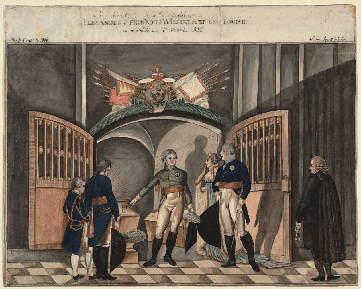 Perto das cinzas de Frederico, o Grande. Czar Alexandre I, Rei Frederico Guilherme III e Luísa do Pr de Anton Ignaz Vogel
