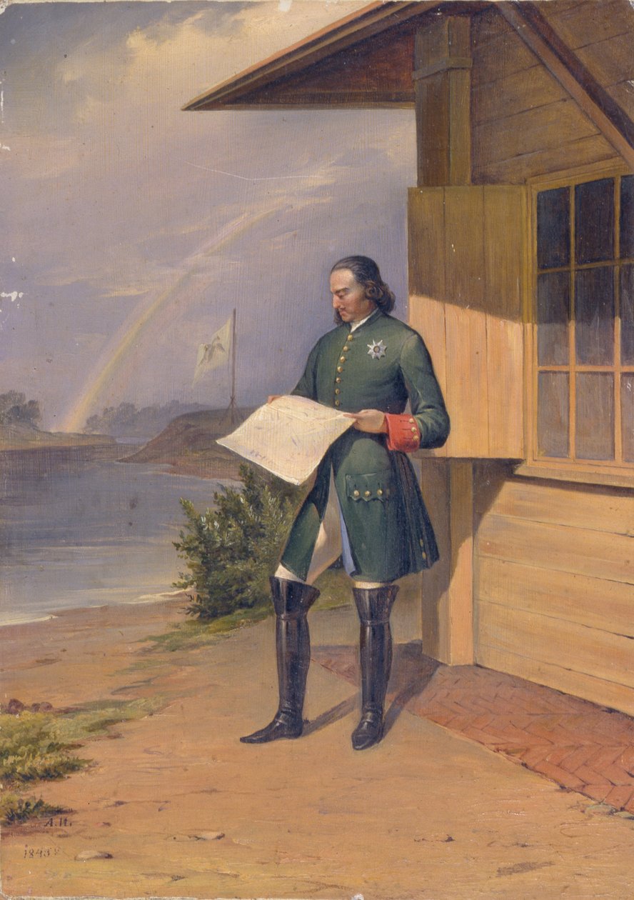 Pedro I na margem do rio Neva, 1843 de Anton Ivanovich Ivanov