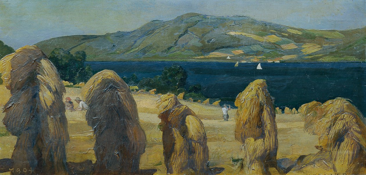 Paisagem de Attersee com Grain Landln de Anton Josef von Kenner