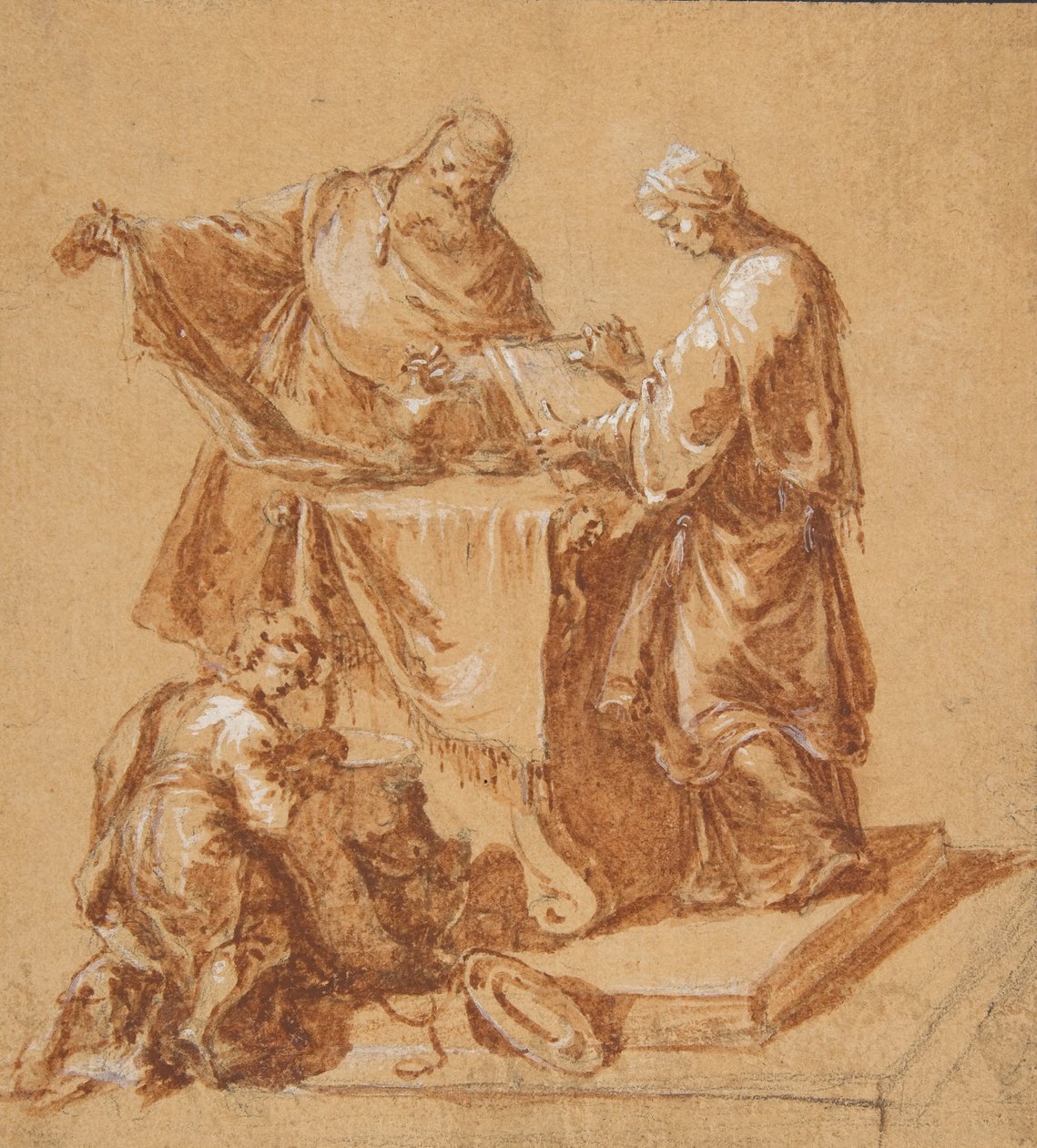 Um sumo sacerdote, a profetisa Anna e um menino ajoelhado ao redor de uma mesa, 1745. de Anton Kern