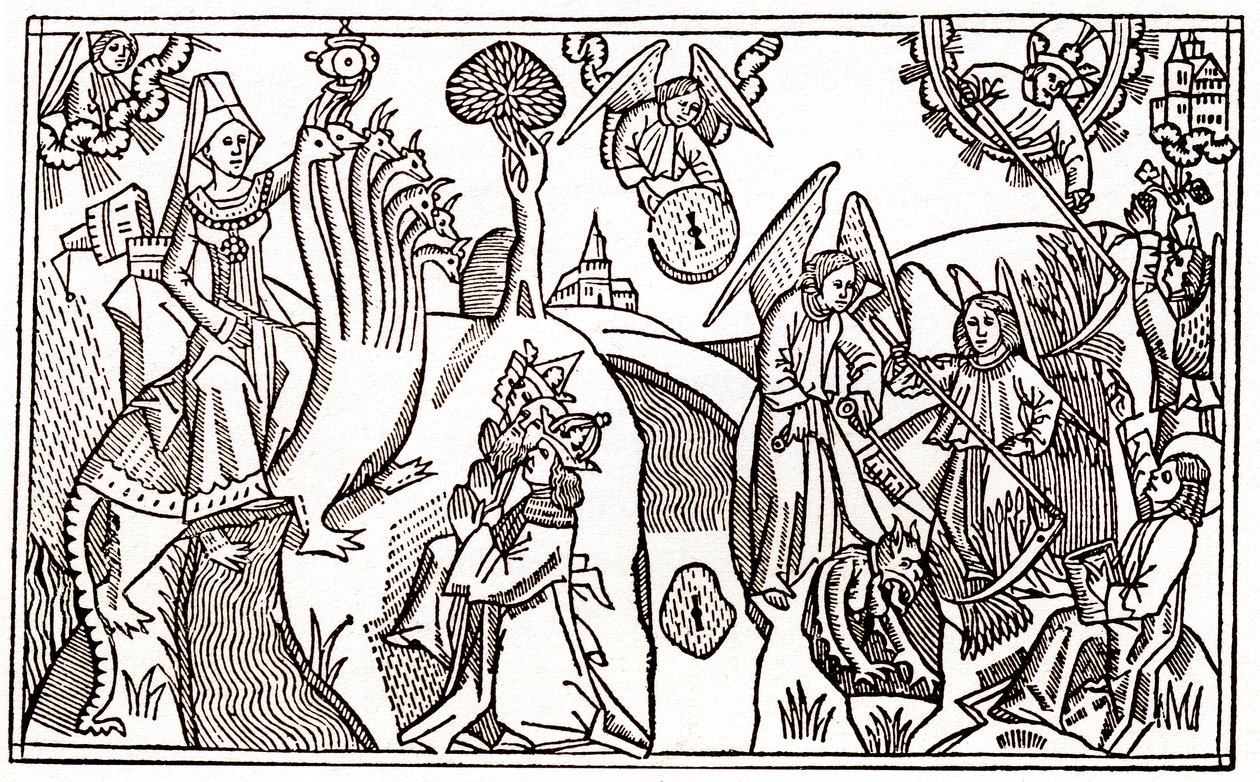 A grande meretriz da Babilónia montando a besta de sete cabeças e os anjos cortando o trigo enquanto mantém prisioneiro o diabo de Anton Koberger